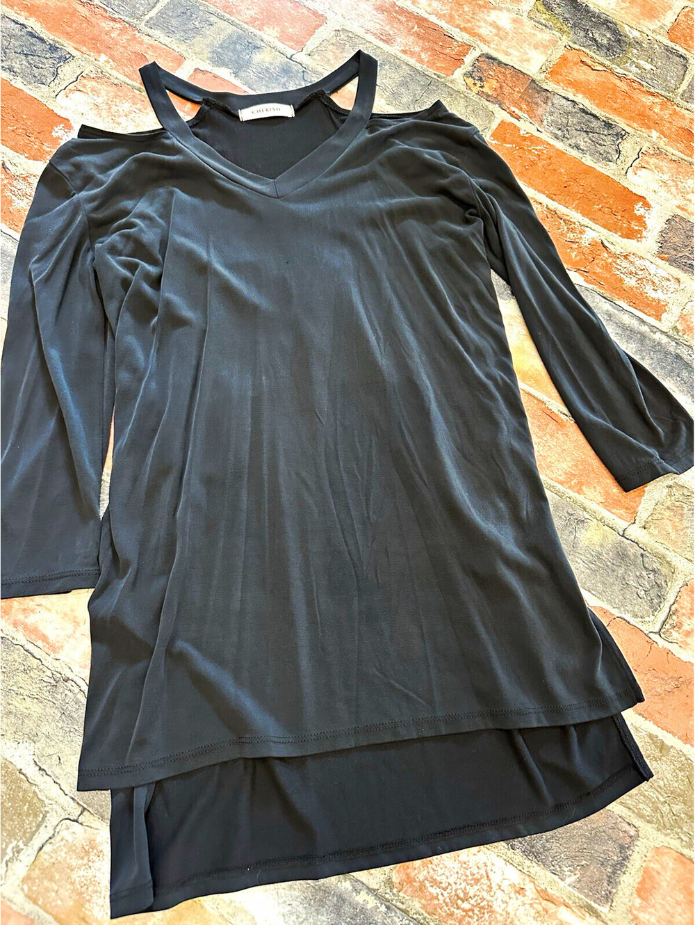 Women’s Black Knit V-Neck 3/4 Sleeve Pullover Stretch Top Size Small